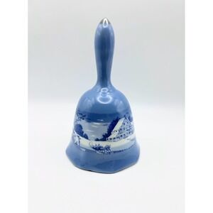 Currier and Ives The Homestead in Winter Blue Ceramic Bell Vintage Americana 6in